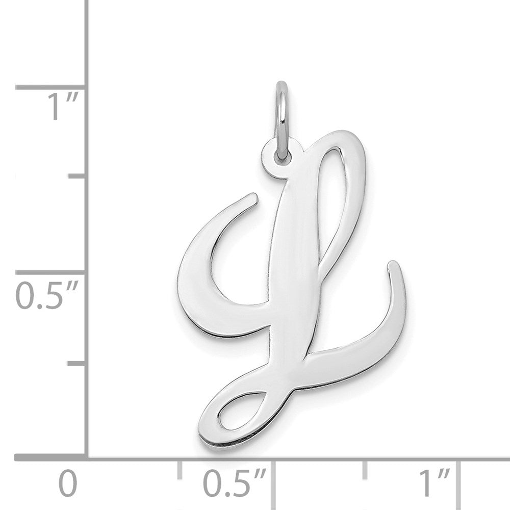 Alternate view of the 14k White Gold, Ella Collection, LG Fancy Script Initial L Pendant by The Black Bow Jewelry Co.