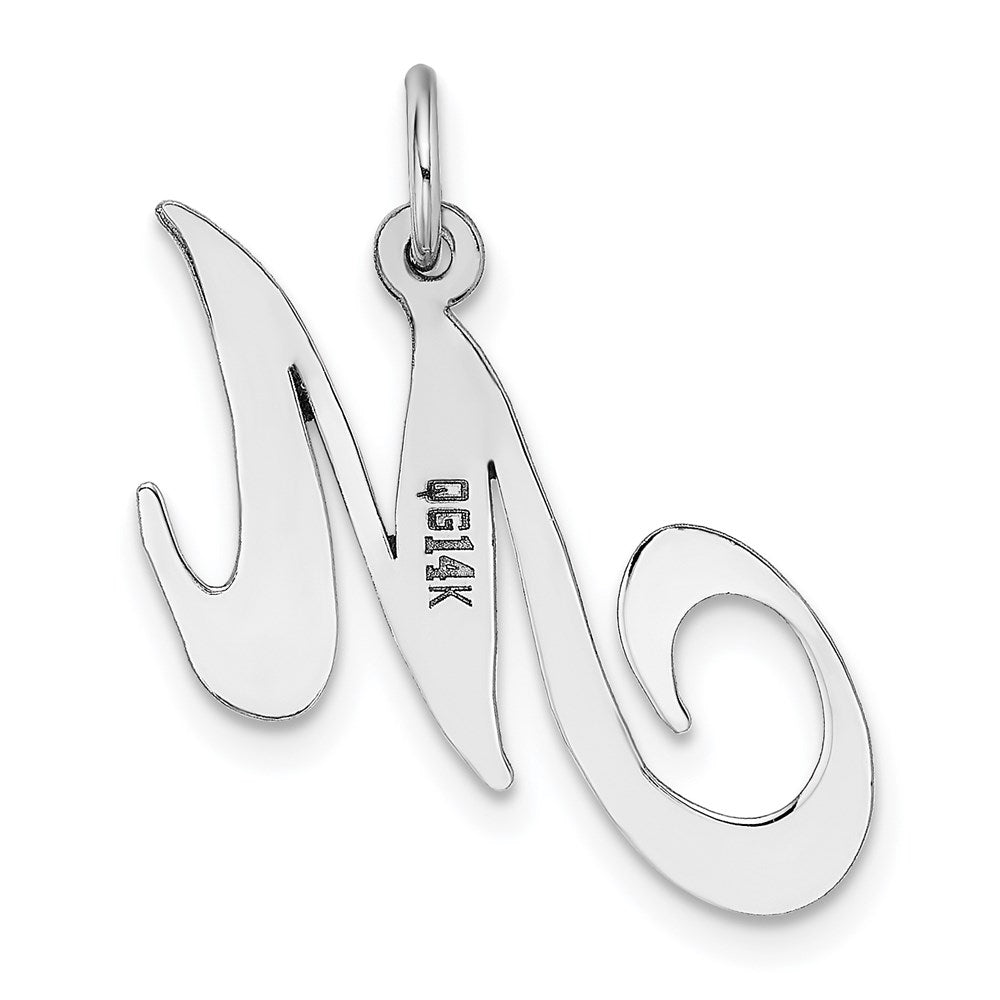 Alternate view of the 14k White Gold, Ella Collection, LG Fancy Script Initial M Pendant by The Black Bow Jewelry Co.