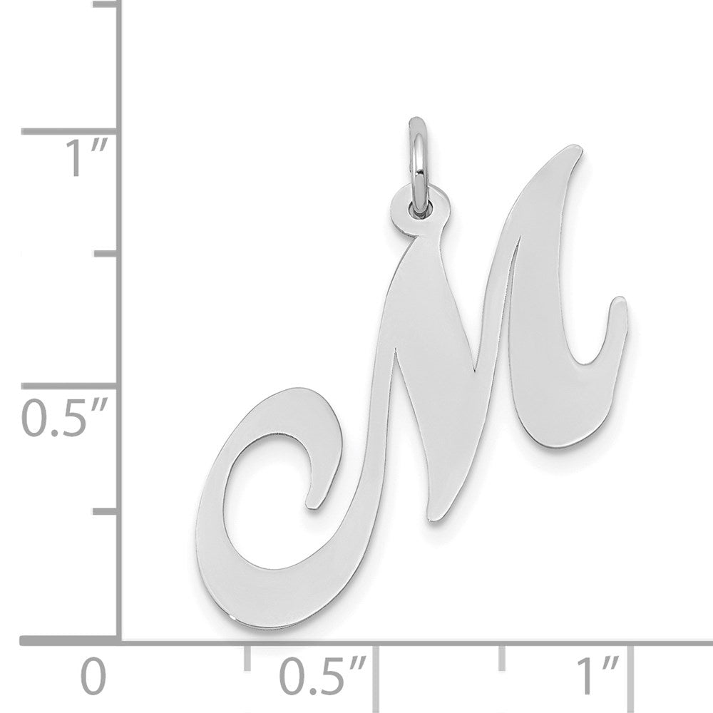Alternate view of the 14k White Gold, Ella Collection, LG Fancy Script Initial M Pendant by The Black Bow Jewelry Co.