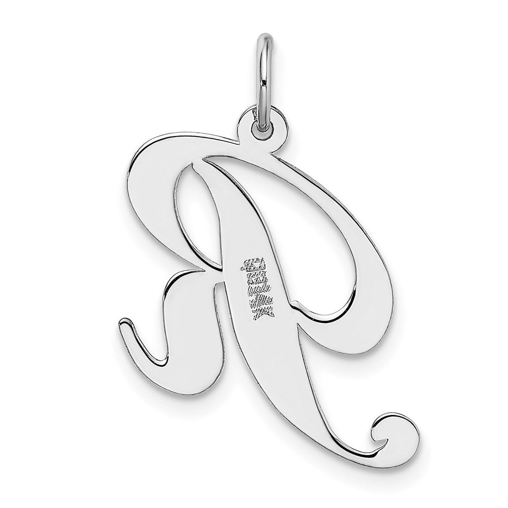 Alternate view of the 14k White Gold, Ella Collection, LG Fancy Script Initial R Pendant by The Black Bow Jewelry Co.
