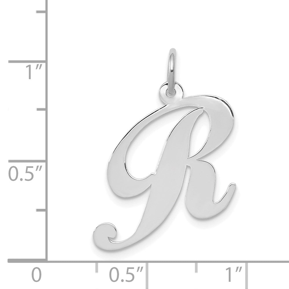 Alternate view of the 14k White Gold, Ella Collection, LG Fancy Script Initial R Pendant by The Black Bow Jewelry Co.