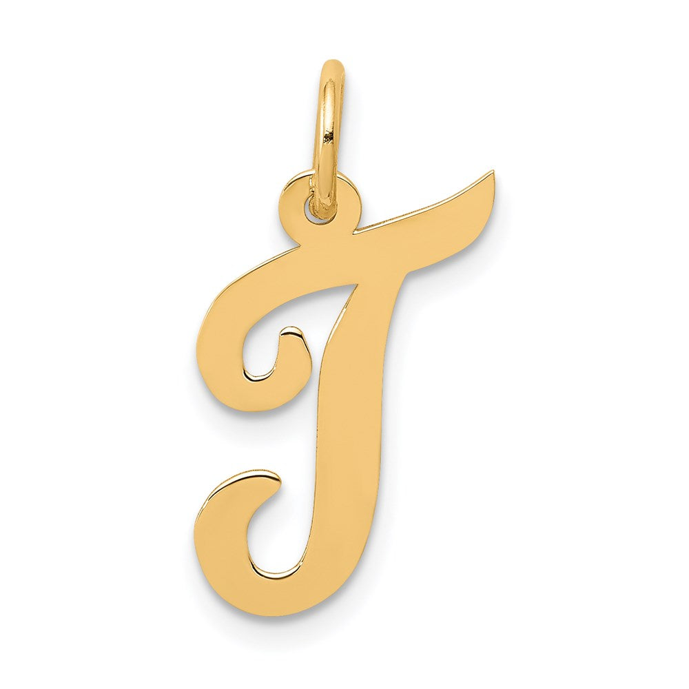 14k Yellow Gold, Madison Collection, Medium Script Initial T Pendant, Item P26833-T by The Black Bow Jewelry Co.