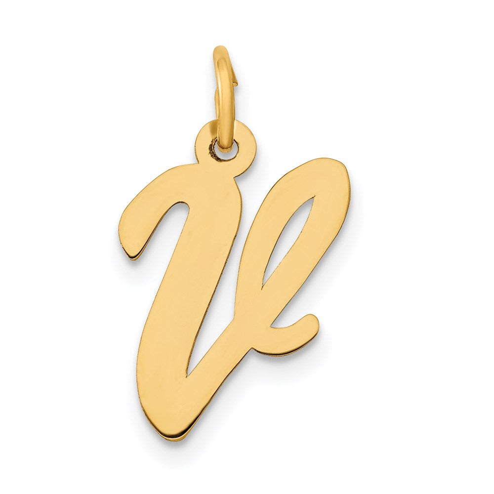 14k Yellow Gold, Madison Collection, Medium Script Initial V Pendant, Item P26833-V by The Black Bow Jewelry Co.