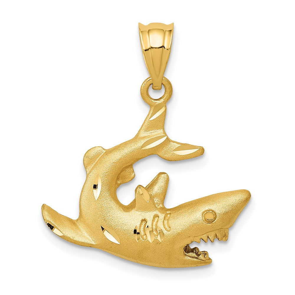 14k Yellow Gold Diamond-Cut & Satin 2D Shark Pendant, 20mm (3/4 Inch), Item P26864 by The Black Bow Jewelry Co.