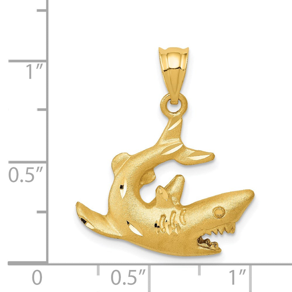 Alternate view of the 14k Yellow Gold Diamond-Cut & Satin 2D Shark Pendant, 20mm (3/4 Inch) by The Black Bow Jewelry Co.