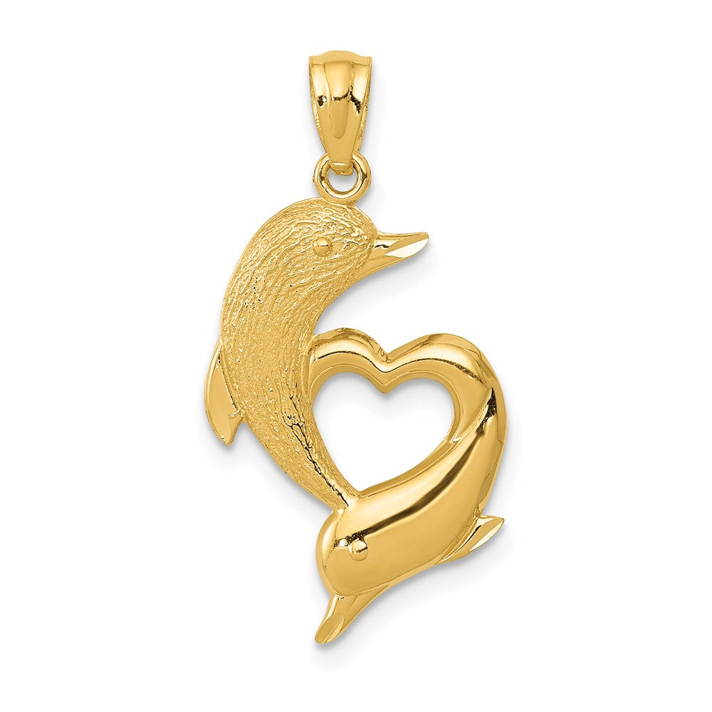 14k Yellow Gold Textured & Polished Dolphins & Heart Pendant, 14x25mm, Item P26867 by The Black Bow Jewelry Co.