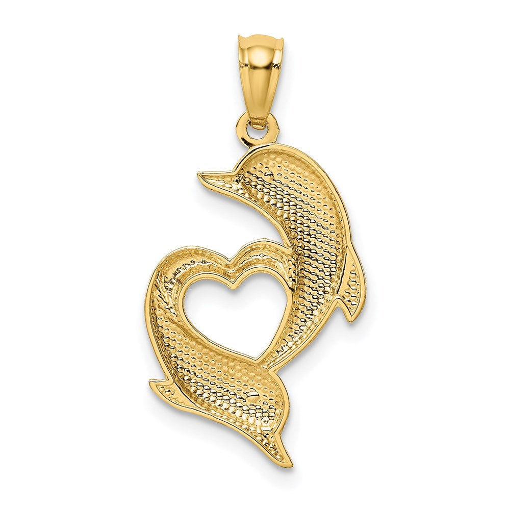 Alternate view of the 14k Yellow Gold Textured & Polished Dolphins & Heart Pendant, 14x25mm by The Black Bow Jewelry Co.