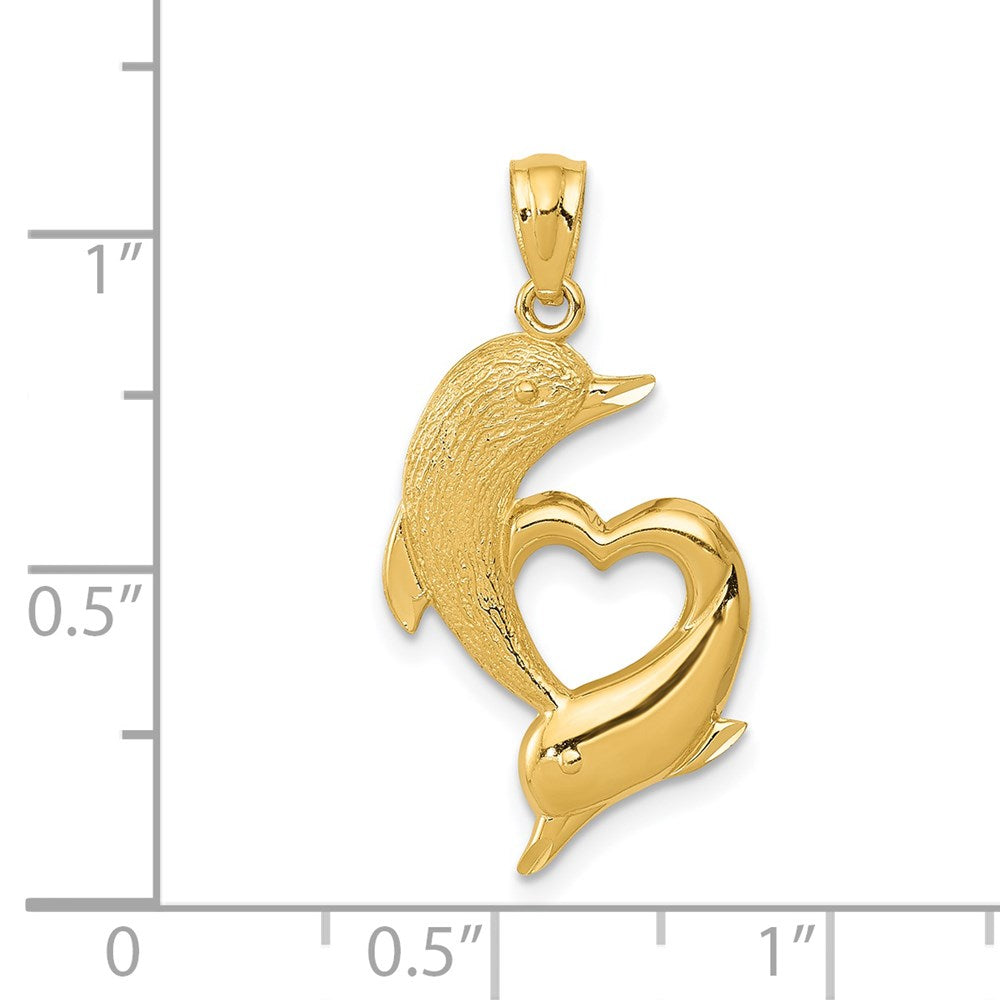 Alternate view of the 14k Yellow Gold Textured & Polished Dolphins & Heart Pendant, 14x25mm by The Black Bow Jewelry Co.