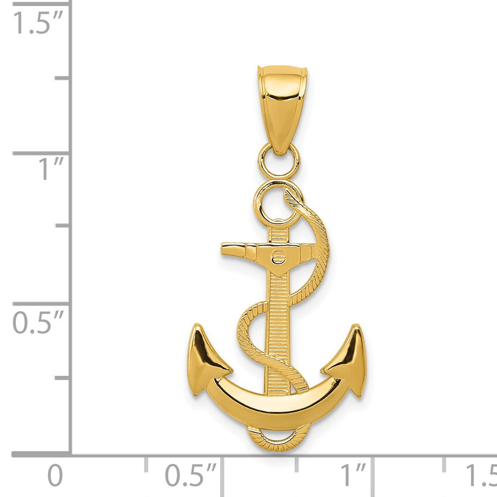 Alternate view of the 14k Yellow Gold Anchor with Textured Rope Pendant, 15 x 33mm by The Black Bow Jewelry Co.