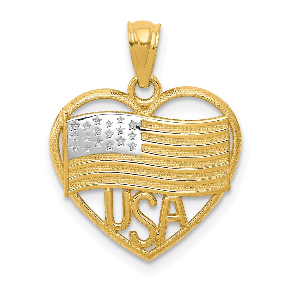 14k Yellow Gold and White Rhodium USA Flag Heart Pendant, 16 x 20mm, Item P26942 by The Black Bow Jewelry Co.