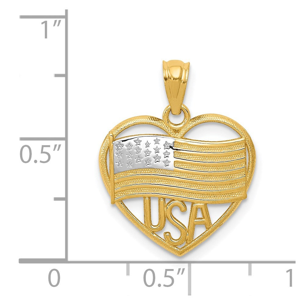 Alternate view of the 14k Yellow Gold and White Rhodium USA Flag Heart Pendant, 16 x 20mm by The Black Bow Jewelry Co.