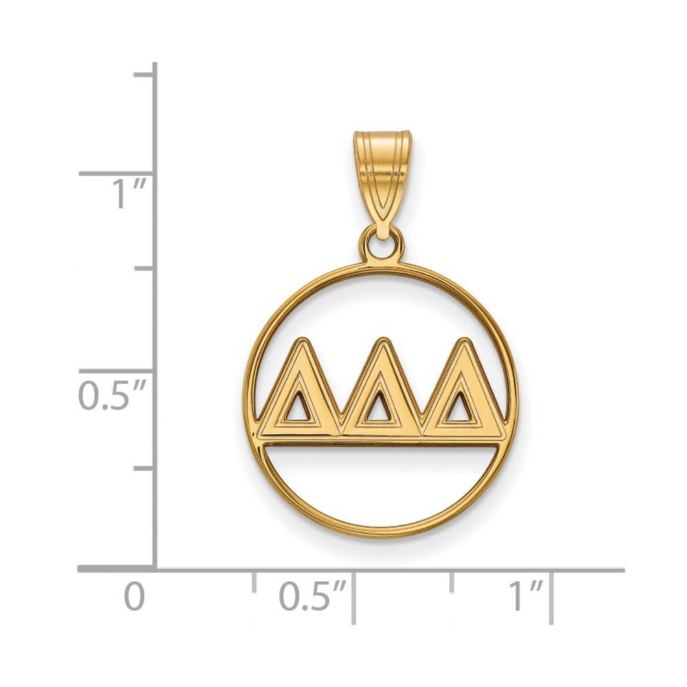 Alternate view of the 14K Plated Silver Delta Delta Delta Med Circle Greek Letters Pendant by The Black Bow Jewelry Co.