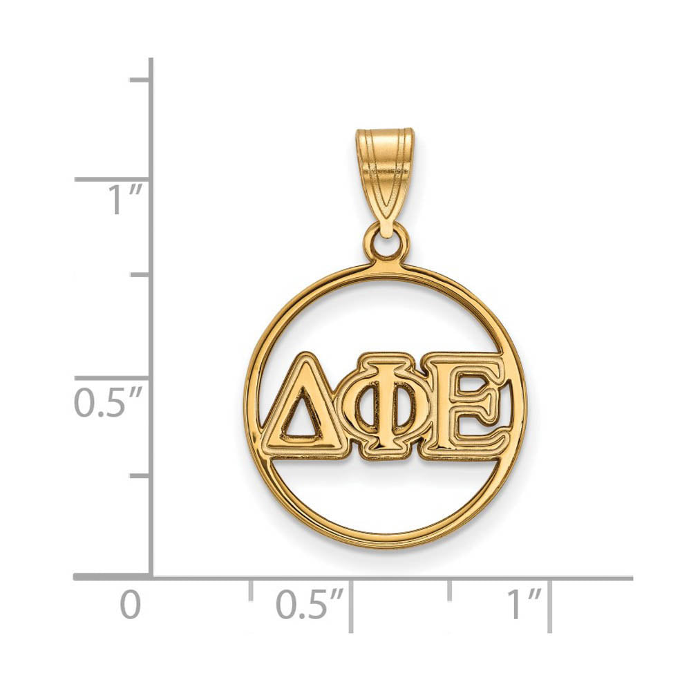 Alternate view of the 14K Plated Silver Delta Phi Epsilon Med Circle Greek Letters Pendant by The Black Bow Jewelry Co.