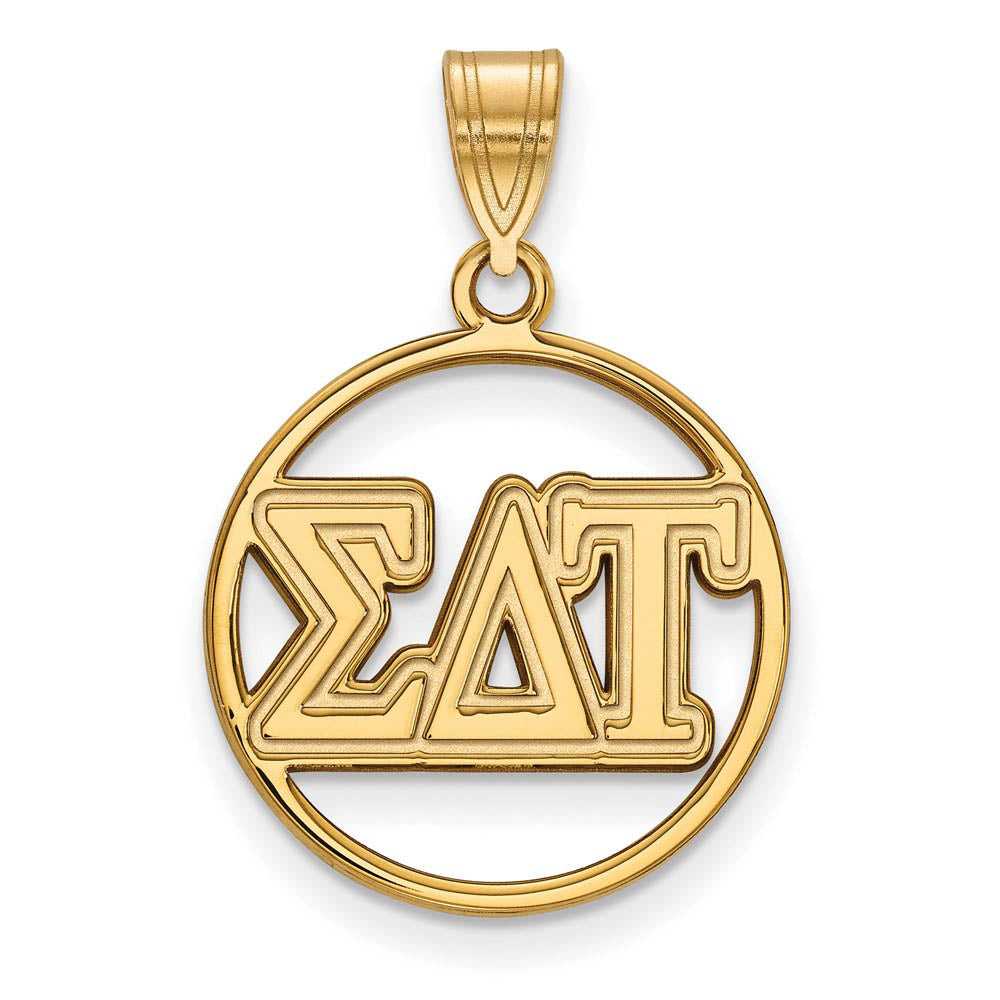 14K Plated Silver Sigma Delta Tau Medium Circle Greek Letters Pendant, Item P27112 by The Black Bow Jewelry Co.