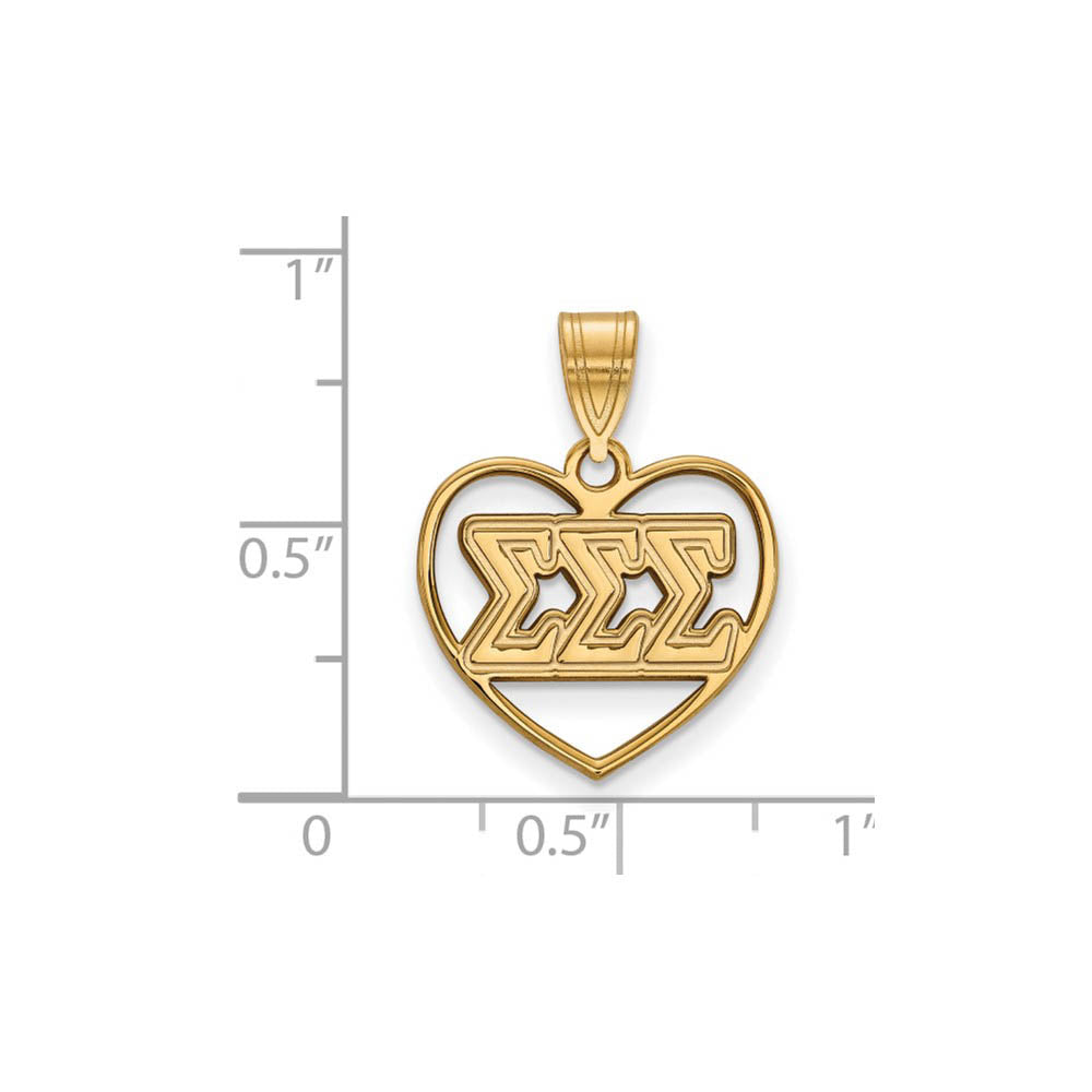 Alternate view of the 14K Plated Silver Sigma Sigma Sigma Heart Greek Letters Pendant by The Black Bow Jewelry Co.