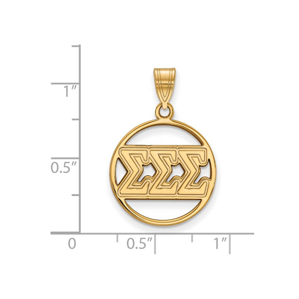 Alternate view of the 14K Plated Silver Sigma Sigma Sigma Med Circle Greek Letters Pendant by The Black Bow Jewelry Co.