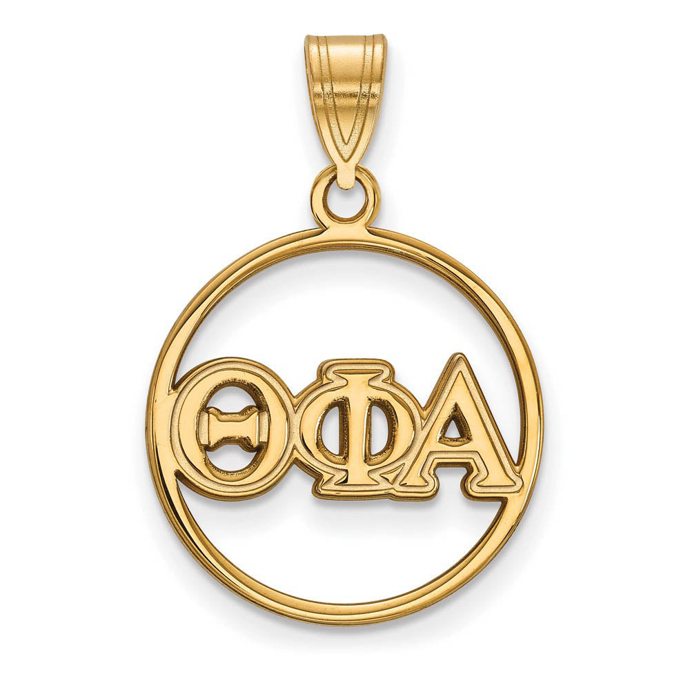 14K Plated Silver Theta Phi Alpha Medium Circle Greek Letters Pendant, Item P27137 by The Black Bow Jewelry Co.