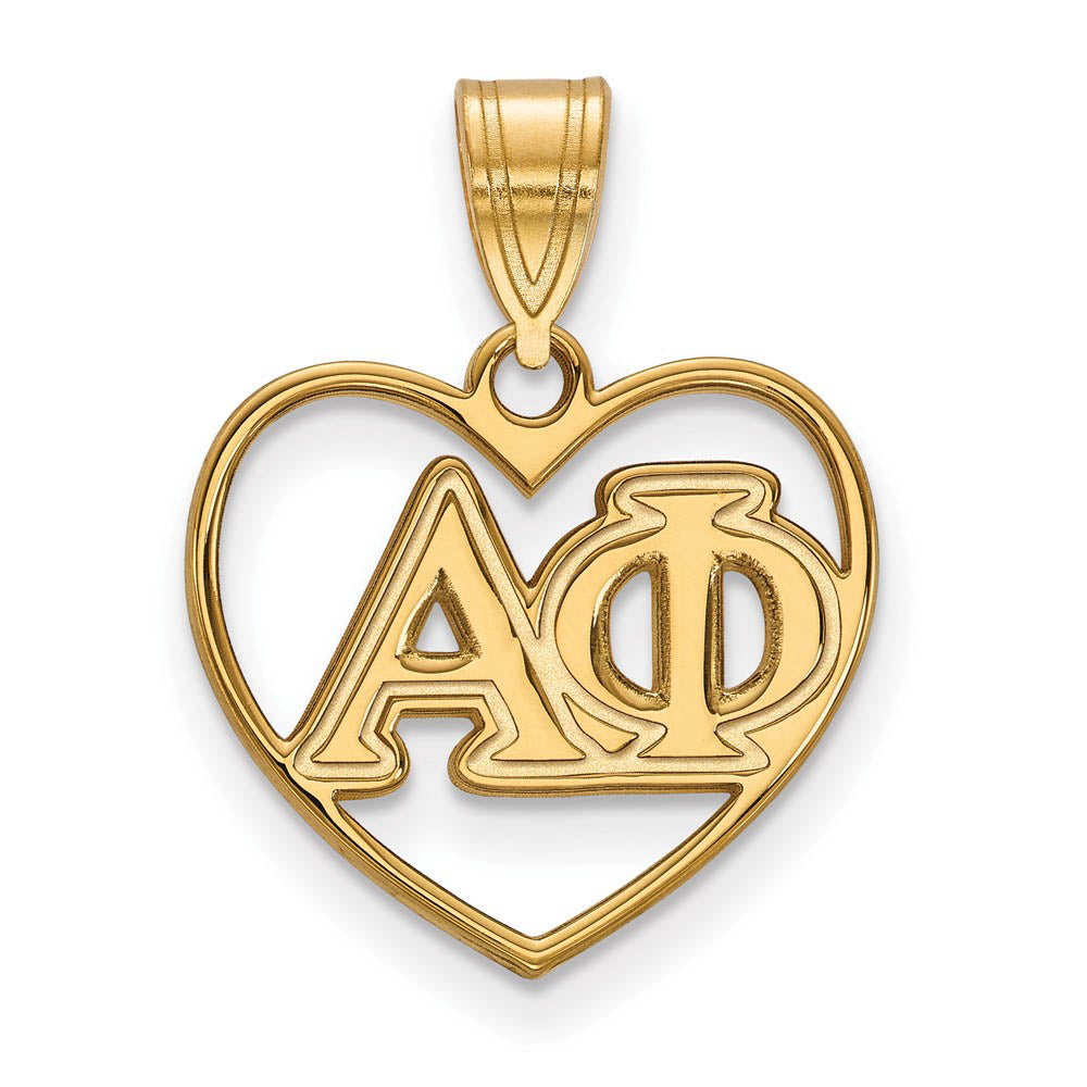 14K Plated Silver Alpha Phi Heart Greek Letters Pendant, Item P27176 by The Black Bow Jewelry Co.