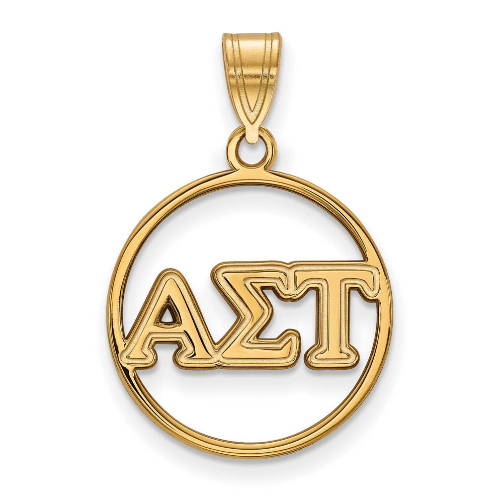 14K Plated Silver Alpha Sigma Tau Medium Circle Greek Letters Pendant, Item P27187 by The Black Bow Jewelry Co.