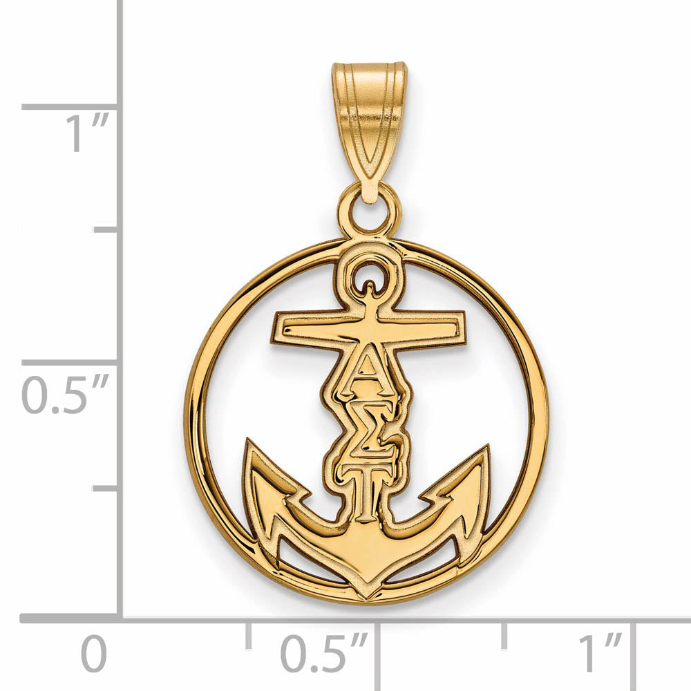 Alternate view of the 14K Plated Silver Alpha Sigma Tau Medium Circle Pendant by The Black Bow Jewelry Co.