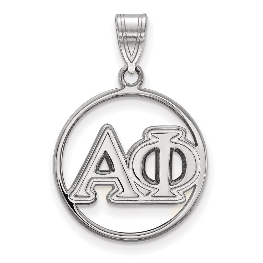 Sterling Silver Alpha Phi Medium Circle Greek Letters Pendant, Item P27279 by The Black Bow Jewelry Co.