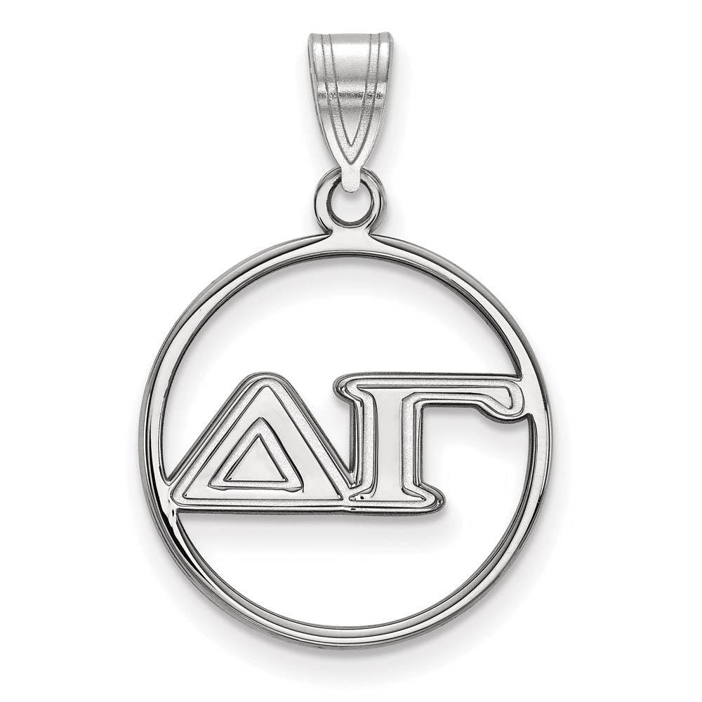 Sterling Silver Delta Gamma Medium Circle Greek Letters Pendant, Item P27339 by The Black Bow Jewelry Co.