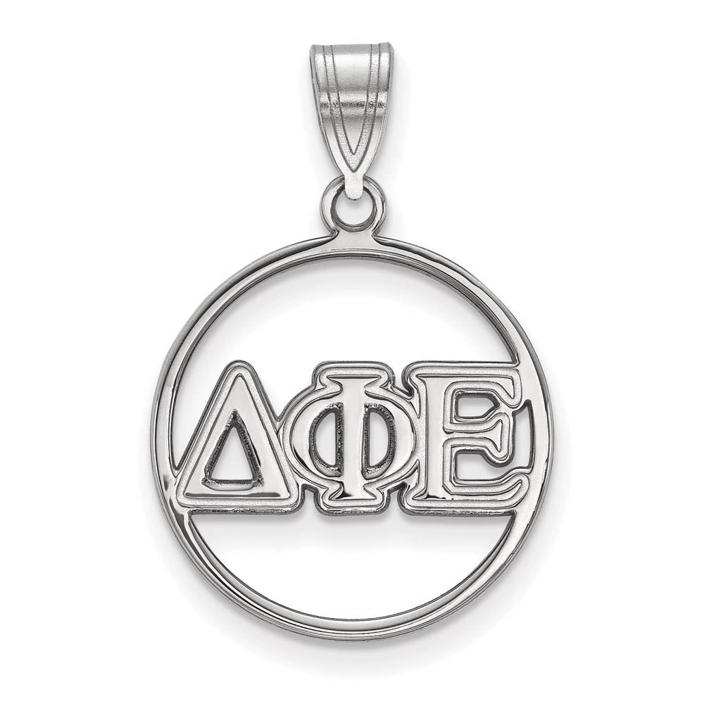 Sterling Silver Delta Phi Epsilon Medium Circle Greek Letters Pendant, Item P27349 by The Black Bow Jewelry Co.