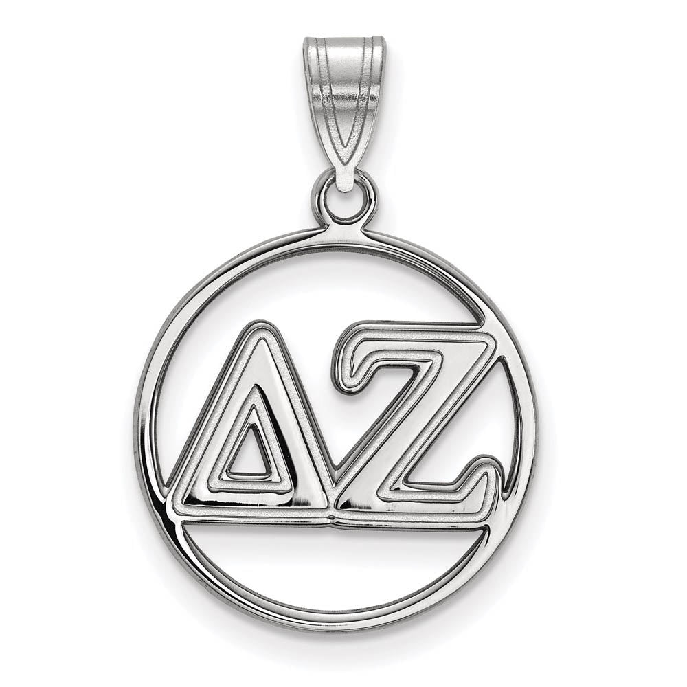 Sterling Silver Delta Zeta Medium Circle Greek Letters Pendant, Item P27359 by The Black Bow Jewelry Co.
