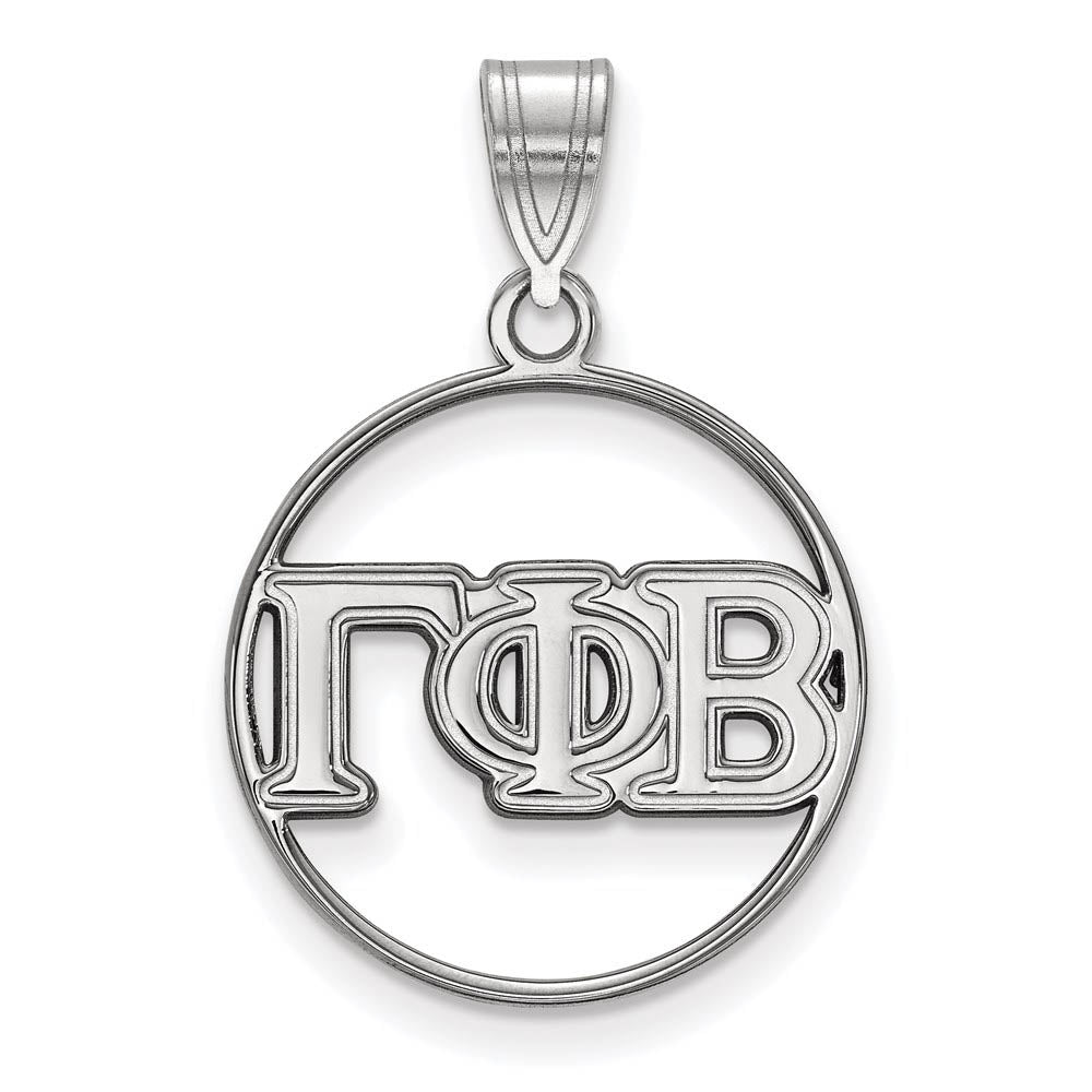 Sterling Silver Gamma Phi Beta Medium Circle Greek Letters Pendant, Item P27369 by The Black Bow Jewelry Co.