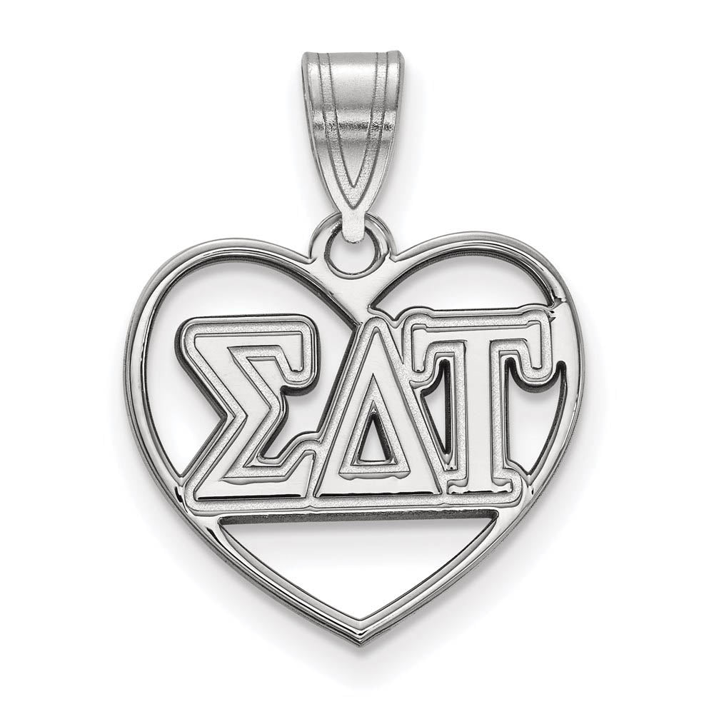 Sterling Silver Sigma Delta Tau Heart Greek Letters Pendant, Item P27437 by The Black Bow Jewelry Co.
