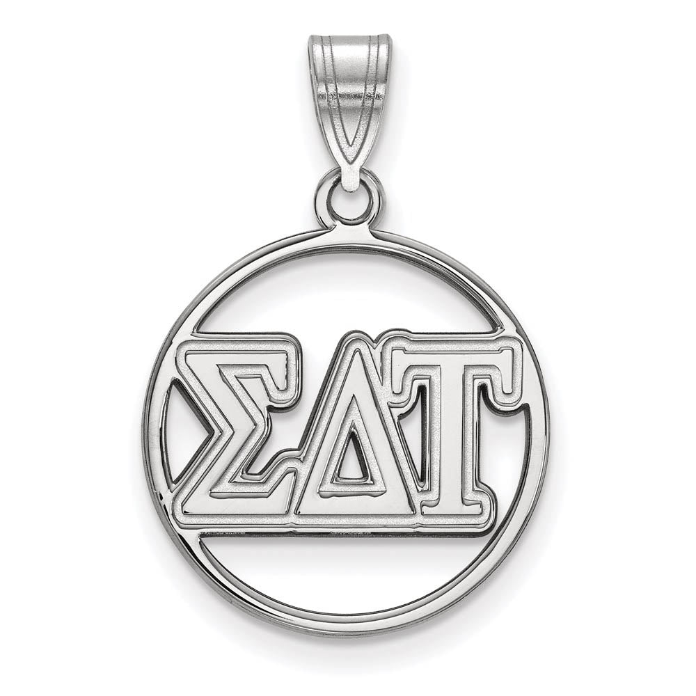 Sterling Silver Sigma Delta Tau Medium Circle Greek Letters Pendant, Item P27438 by The Black Bow Jewelry Co.