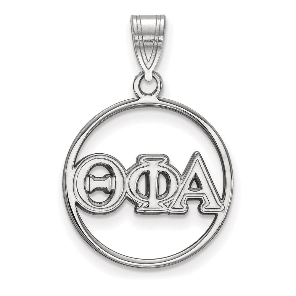 Sterling Silver Theta Phi Alpha Medium Circle Greek Letters Pendant, Item P27468 by The Black Bow Jewelry Co.
