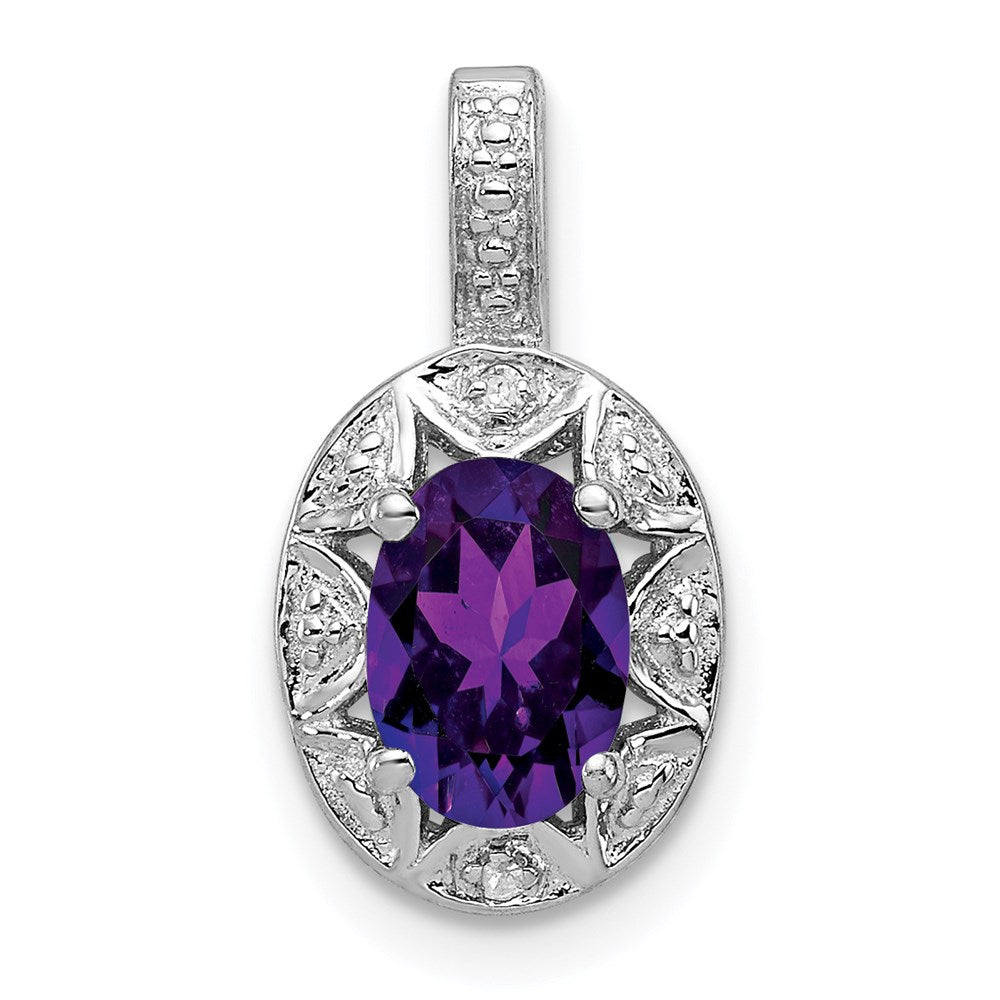 Rhodium Plated Sterling Silver, Amethyst & Diamond Pendant, 8x16mm, Item P27486-AM by The Black Bow Jewelry Co.