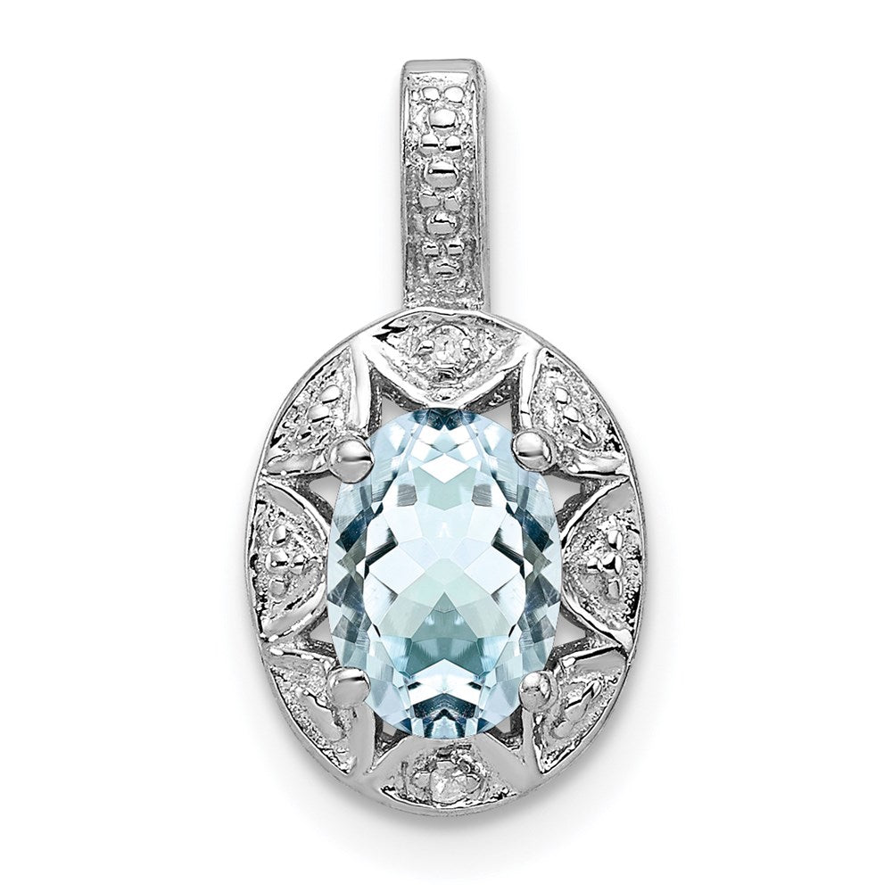 Rhodium Plated Sterling Silver, Aquamarine & Diamond Pendant, 8x16mm, Item P27486-AQ by The Black Bow Jewelry Co.