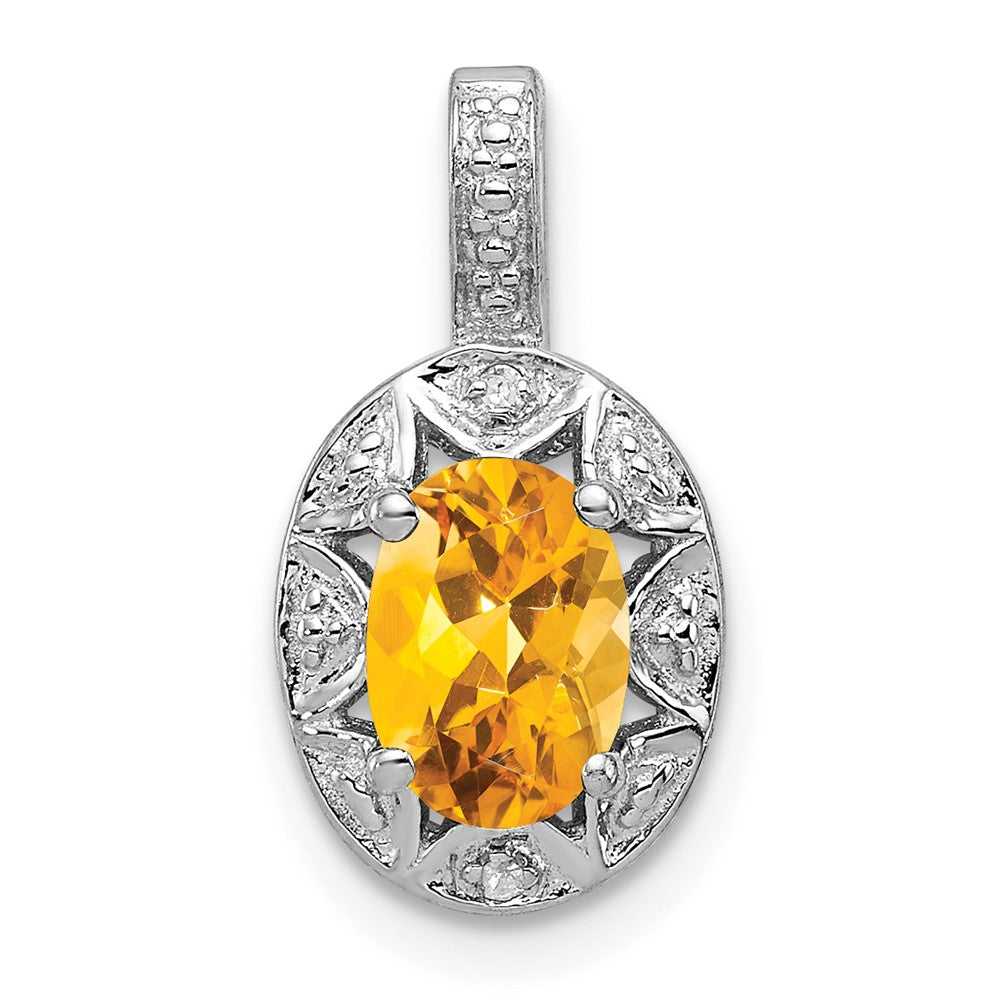 Rhodium Plated Sterling Silver, Citrine & Diamond Pendant, 8x16mm, Item P27486-CT by The Black Bow Jewelry Co.