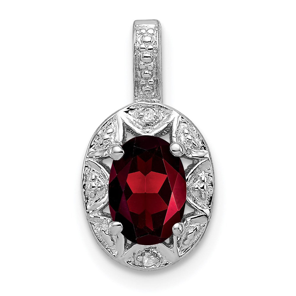 Rhodium Plated Sterling Silver, Garnet & Diamond Pendant, 8x16mm, Item P27486-GR by The Black Bow Jewelry Co.
