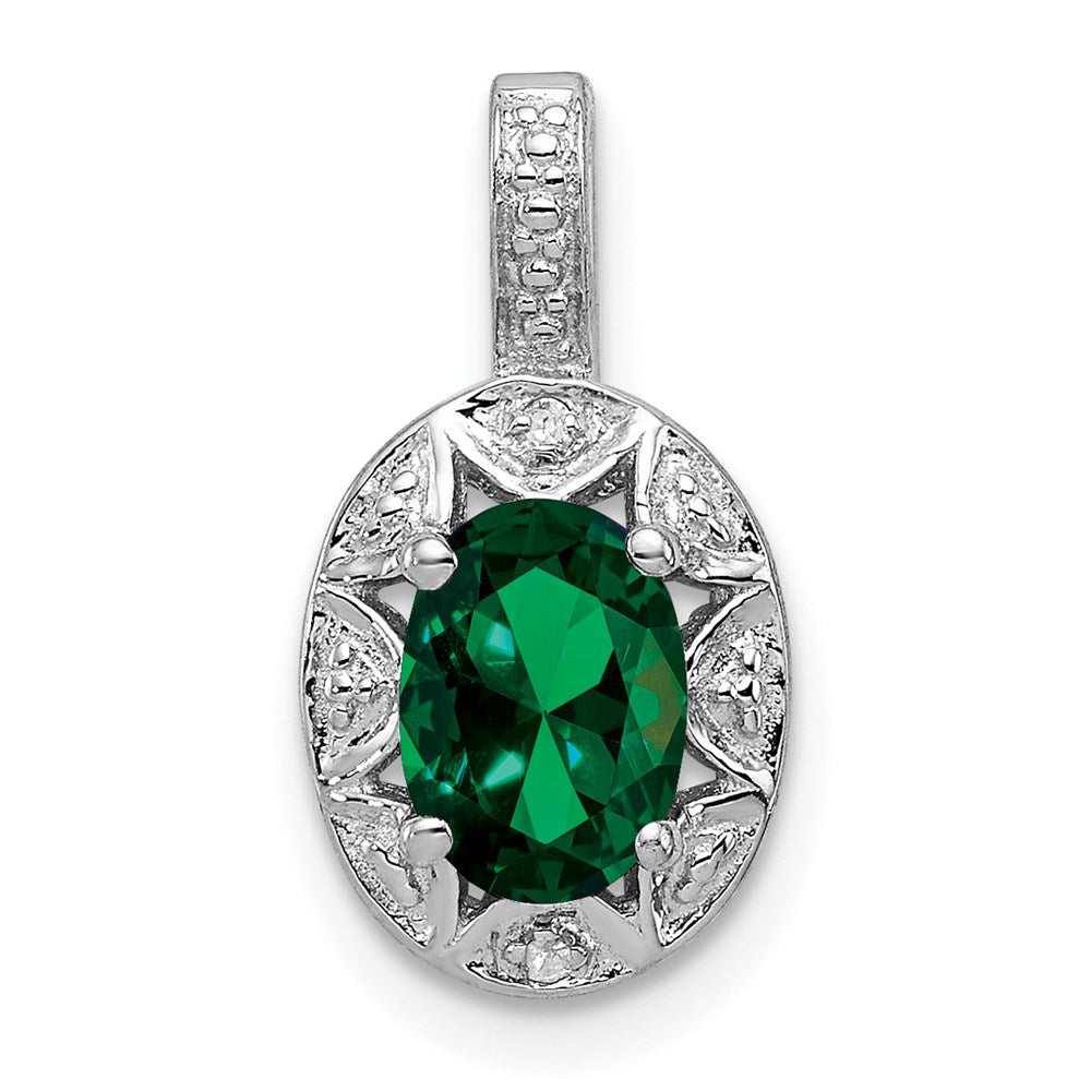 Rhodium Plated Sterling Silver, Lab Cr Emerald & Diamond Pendant, Item P27486-LE by The Black Bow Jewelry Co.