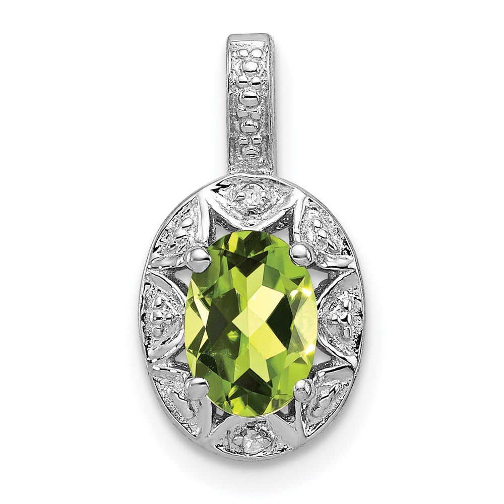 Rhodium Plated Sterling Silver, Peridot & Diamond Pendant, 8x16mm, Item P27486-PR by The Black Bow Jewelry Co.