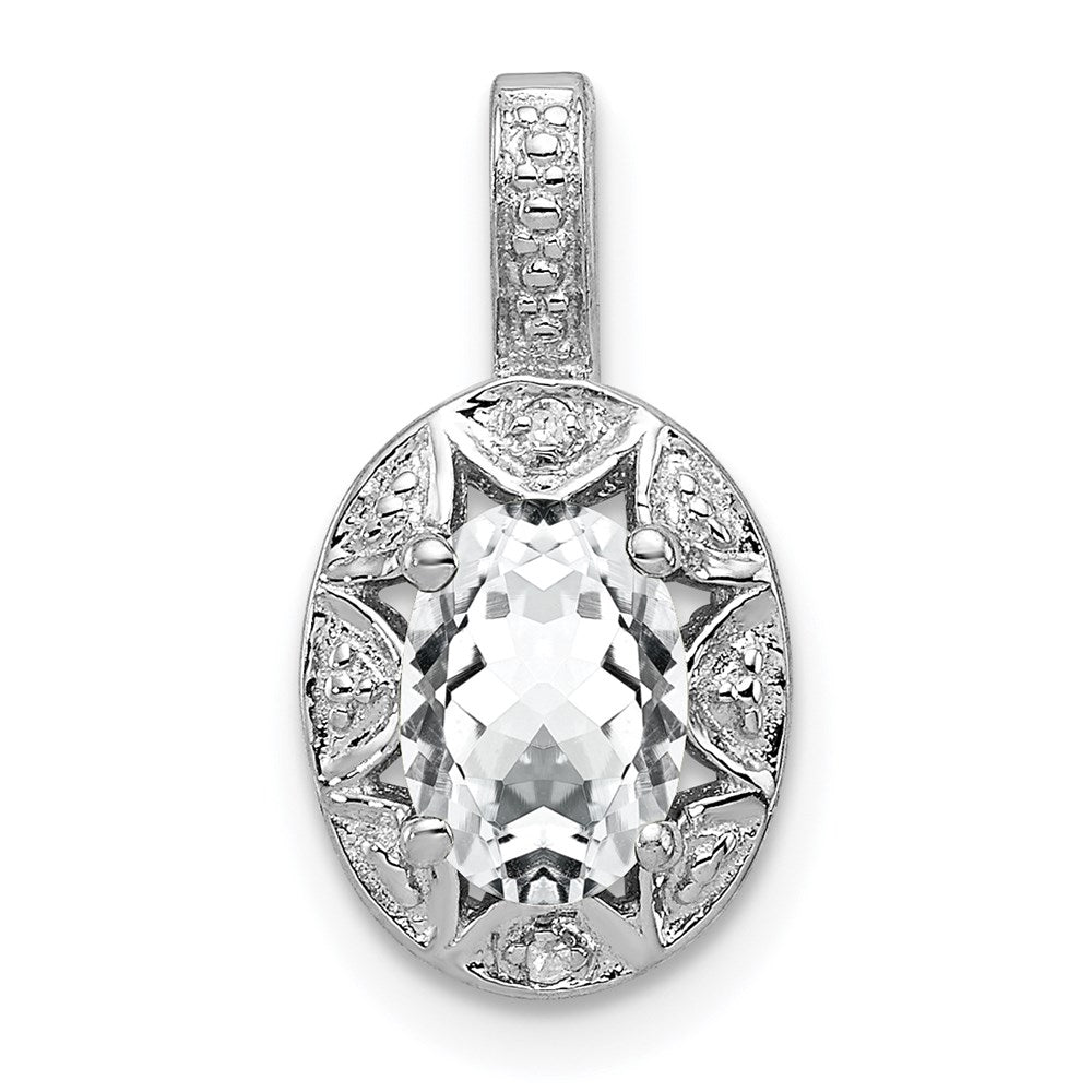 Rhodium Plated Sterling Silver, White Topaz & Diamond Pendant, 8x16mm, Item P27486-WT by The Black Bow Jewelry Co.