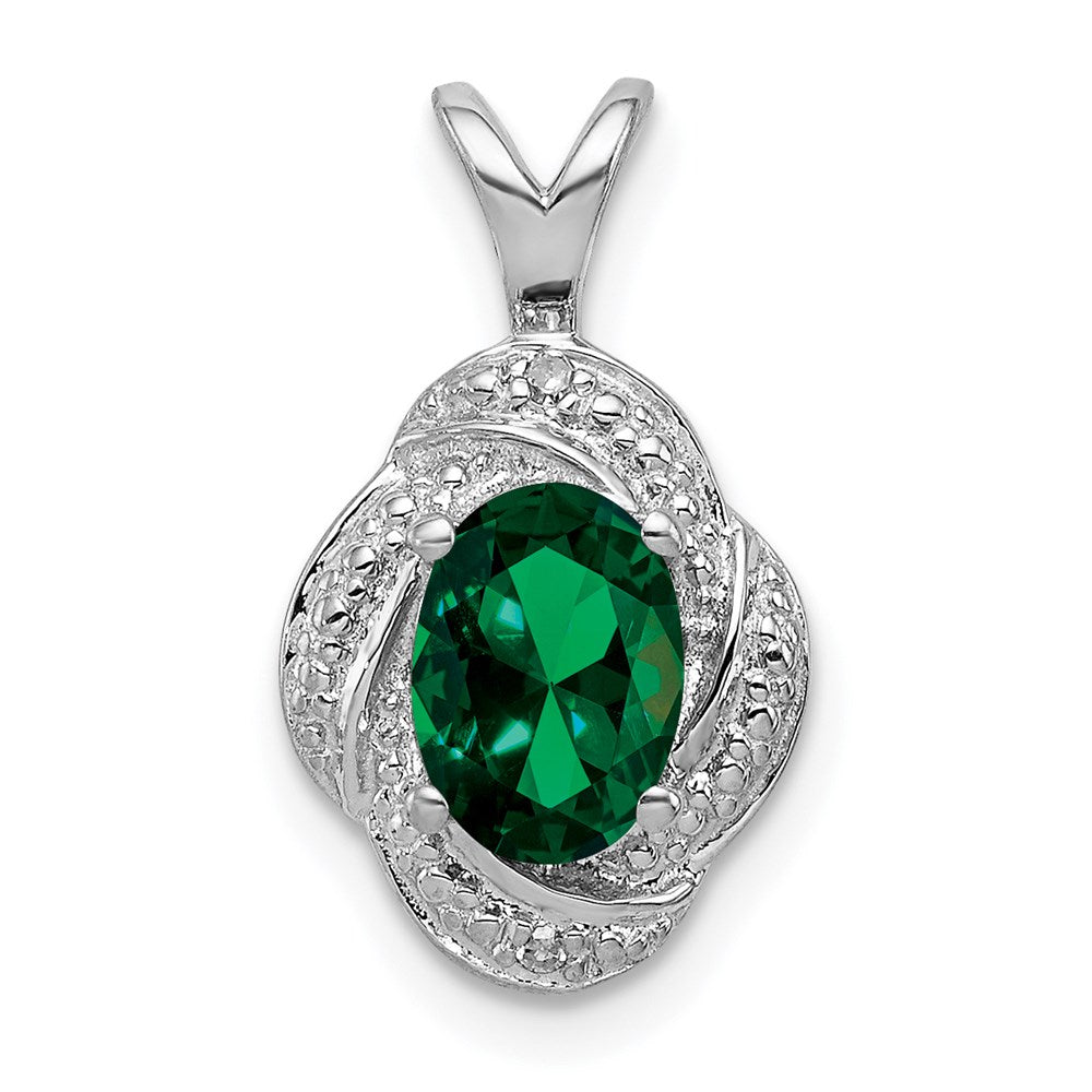 Rhodium Plated Sterling Silver, Diamond & Lab Cr Emerald Pendant, Item P27487-LE by The Black Bow Jewelry Co.