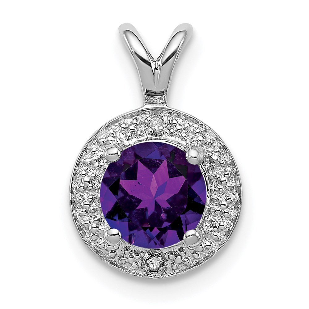 Rhodium Plated Sterling Silver, Diamond & Amethyst Pendant, 10mm, Item P27488-AM by The Black Bow Jewelry Co.
