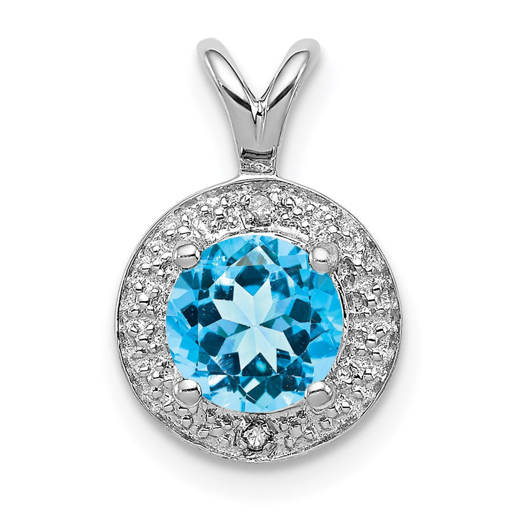 Rhodium Plated Sterling Silver, Diamond & Blue Topaz Pendant, 10mm, Item P27488-BT by The Black Bow Jewelry Co.