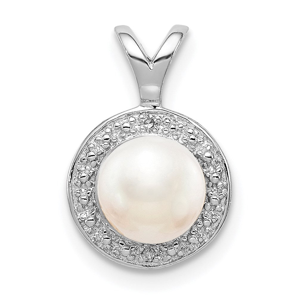 Rhodium Plated Sterling Silver, Diamond & FWC Pearl Pendant, 10mm, Item P27488-FP by The Black Bow Jewelry Co.