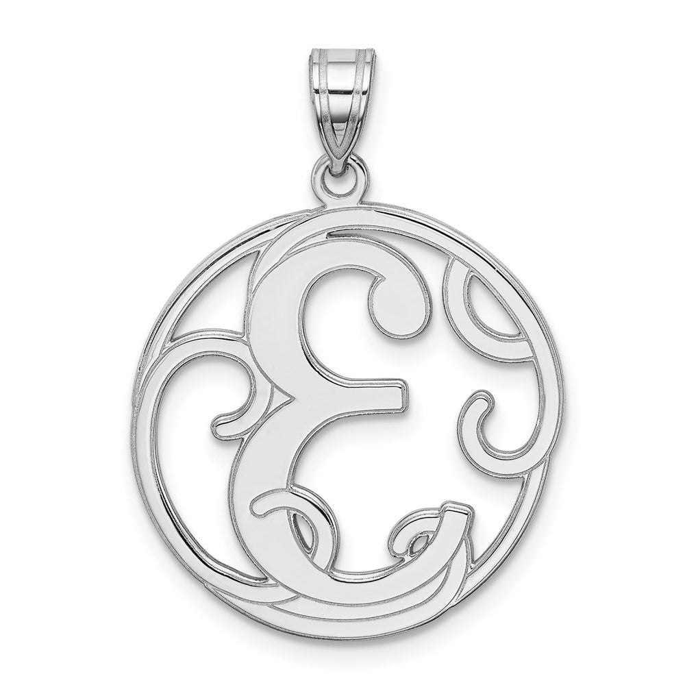 Rhodium Plated Sterling Silver Fancy Script Initial E Pendant, 20mm, Item P27490-E by The Black Bow Jewelry Co.