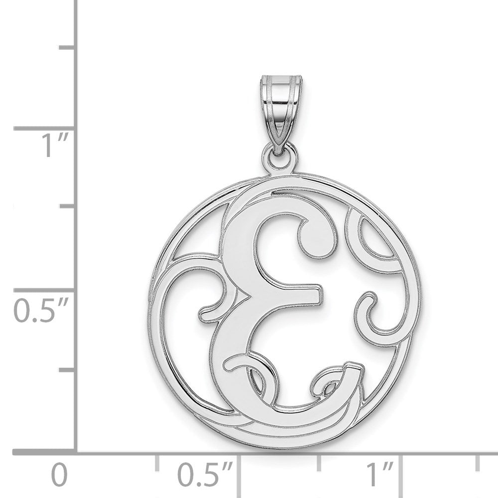 Alternate view of the Rhodium Plated Sterling Silver Fancy Script Initial E Pendant, 20mm by The Black Bow Jewelry Co.