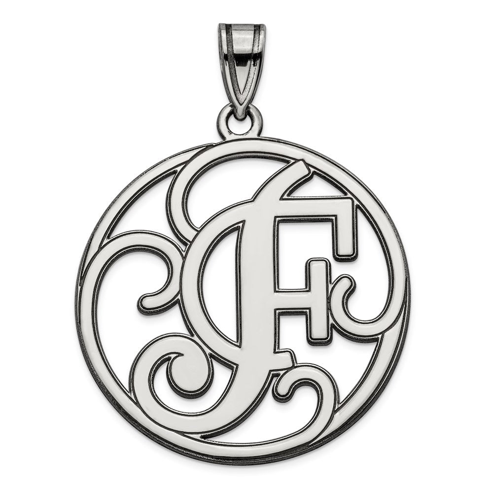 Rhodium Plated Sterling Silver Fancy Script Initial F Pendant, 20mm, Item P27490-F by The Black Bow Jewelry Co.