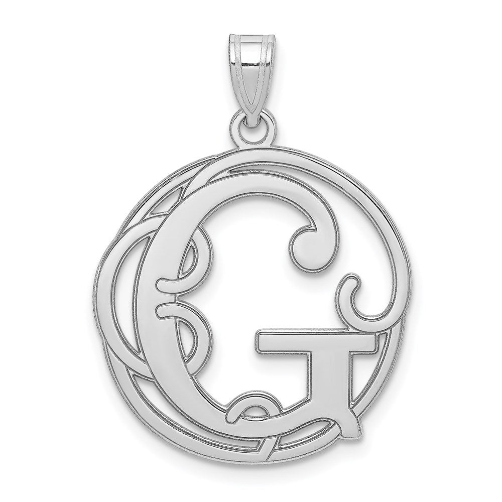 Rhodium Plated Sterling Silver Fancy Script Initial G Pendant, 20mm, Item P27490-G by The Black Bow Jewelry Co.
