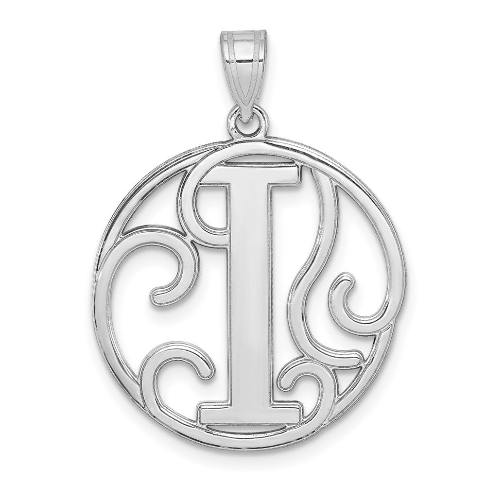 Rhodium Plated Sterling Silver Fancy Script Initial I Pendant, 20mm, Item P27490-I by The Black Bow Jewelry Co.