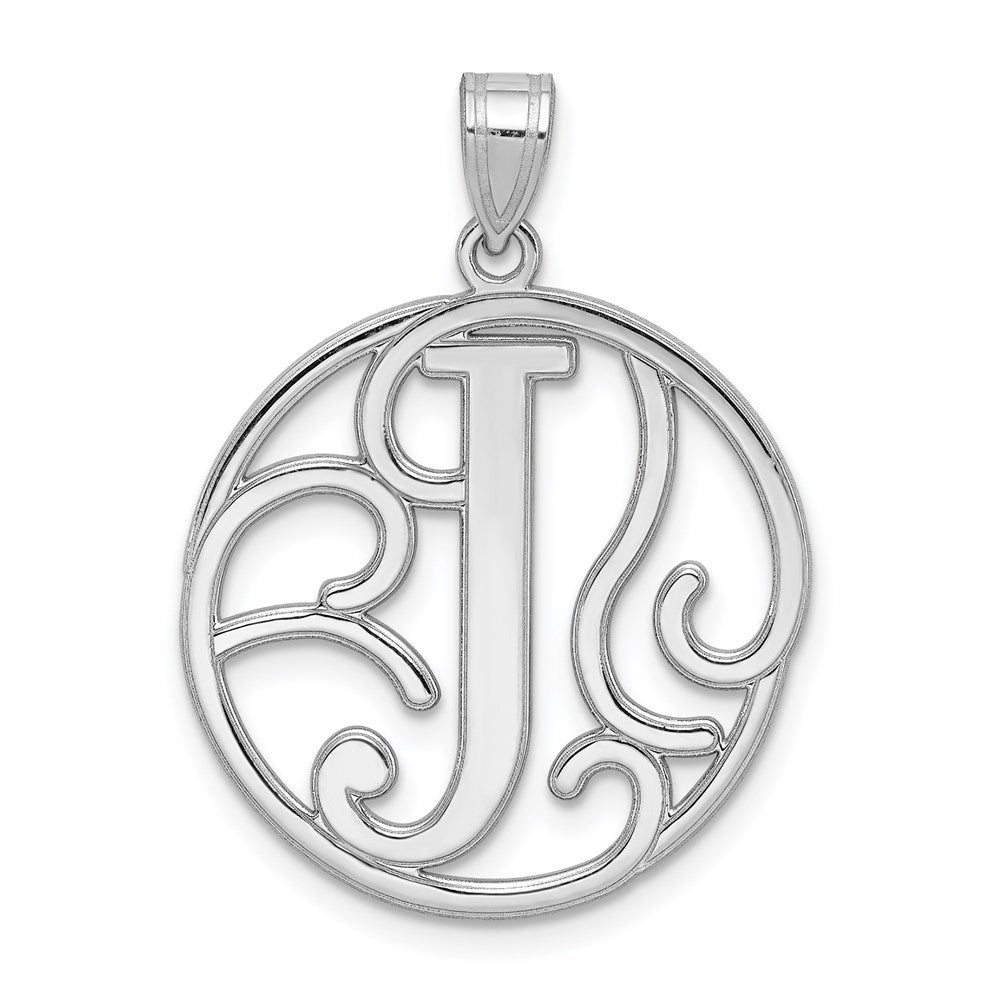 Rhodium Plated Sterling Silver Fancy Script Initial J Pendant, 20mm, Item P27490-J by The Black Bow Jewelry Co.