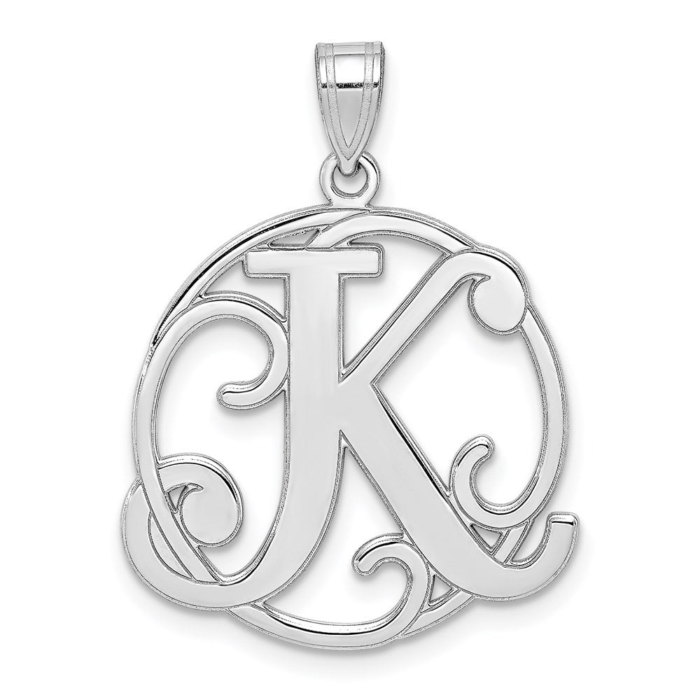 Rhodium Plated Sterling Silver Fancy Script Initial K Pendant, 20mm, Item P27490-K by The Black Bow Jewelry Co.
